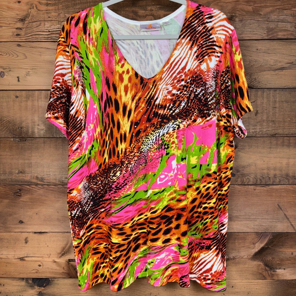 Quacker Factory Sweater Womens XL Animal Print Rhinestone V Neck Short Sleeve